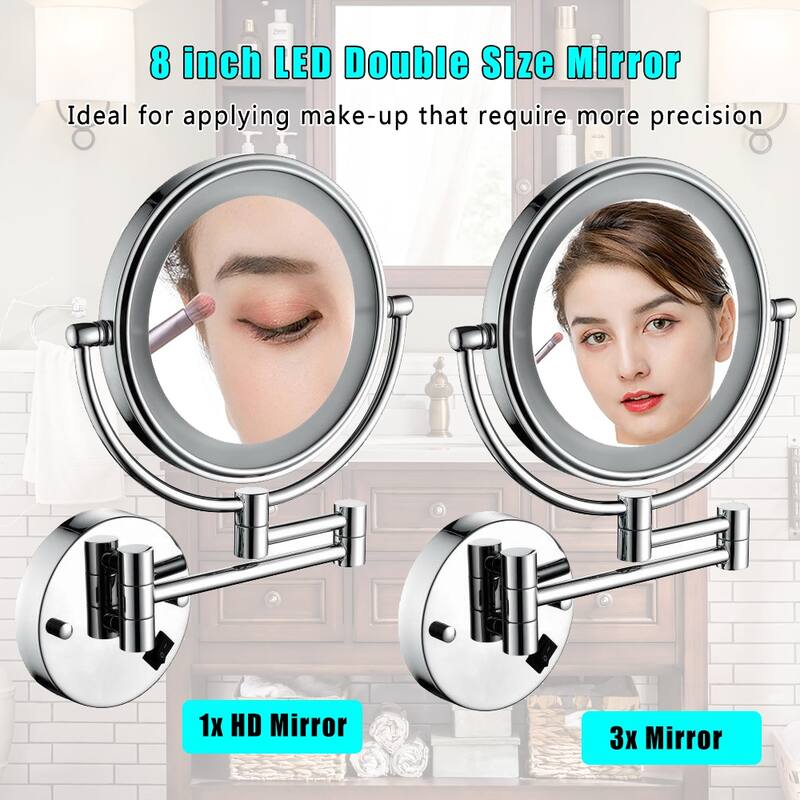 LED Wall-Mounted Two-Sided Makeup Vanity Mirror, 8-Inch, Waterproof with 1X/3X Magnification and Adjustable Arm