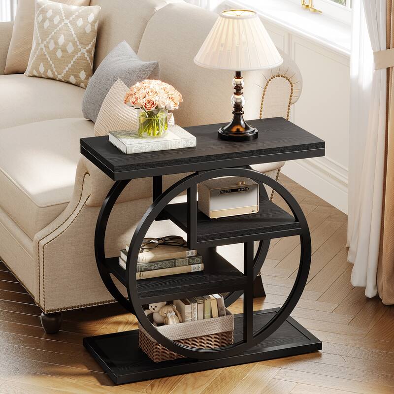 Industrial 4-tier Wood Narrow Side End Table with Storage Shelves