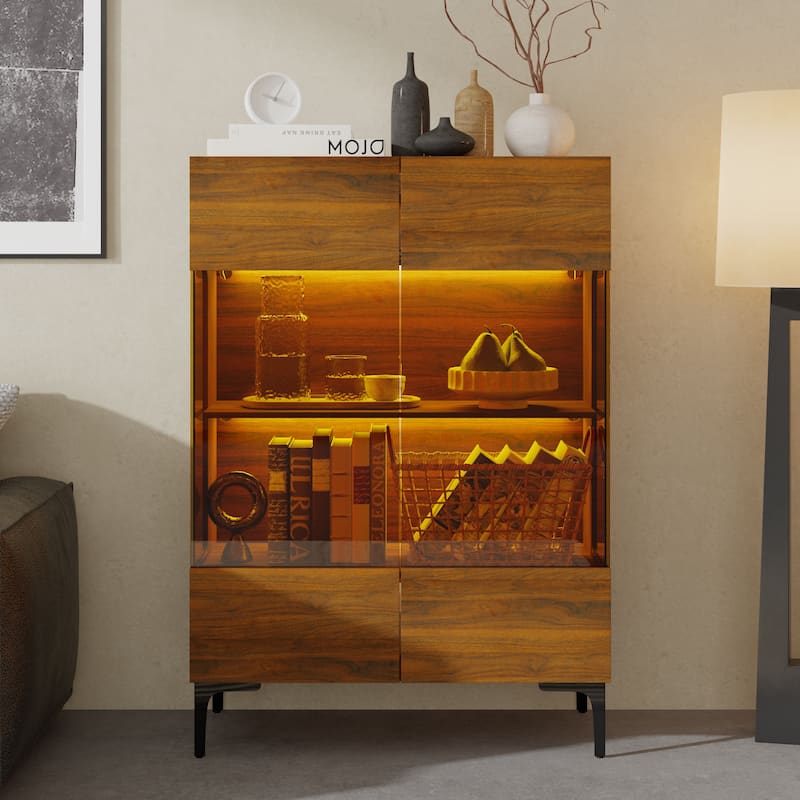 Walnut Glass Bookcase Bookshefl w/Cabinet Storage LED Display Shelves Bathroom or Living Room - 31.5"x45.3"