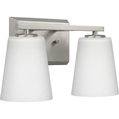 Vertex Collection Two-Light Brushed Nickel Etched White Glass Contemporary Bath Light - 12.87 in x 6.25 in x 7.5 in