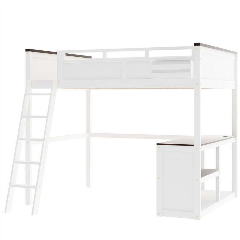 Queen Size Loft Bed with Bulit-in Desk and a Storage Box, Wooden Loft Bedframe with Open Shelf and USB Charging Station