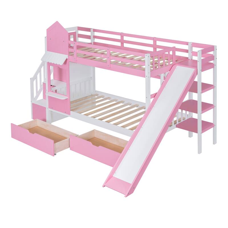 Pink Twin-Over-Twin Castle Bunk Bed with Drawers, Shelves, and Slide