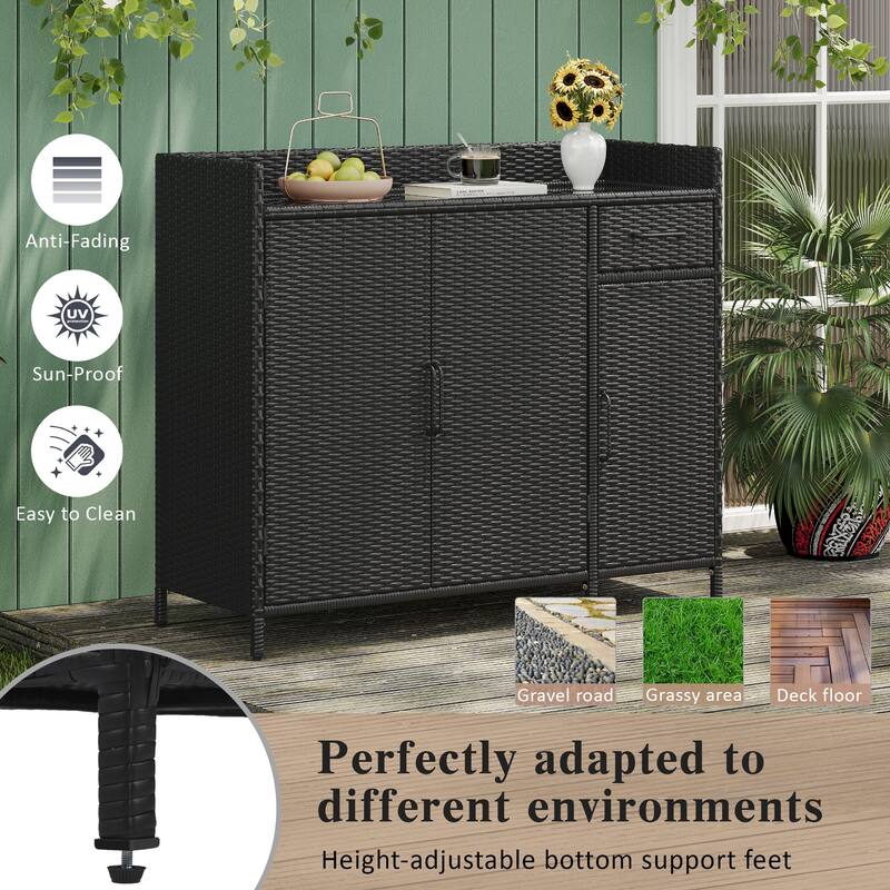 47.5"W Wicker Outdoor Storage Cabinet with Glass Desktop, Weather-proof Rattan Bar Table with Three Doors, Adjustable Shelf