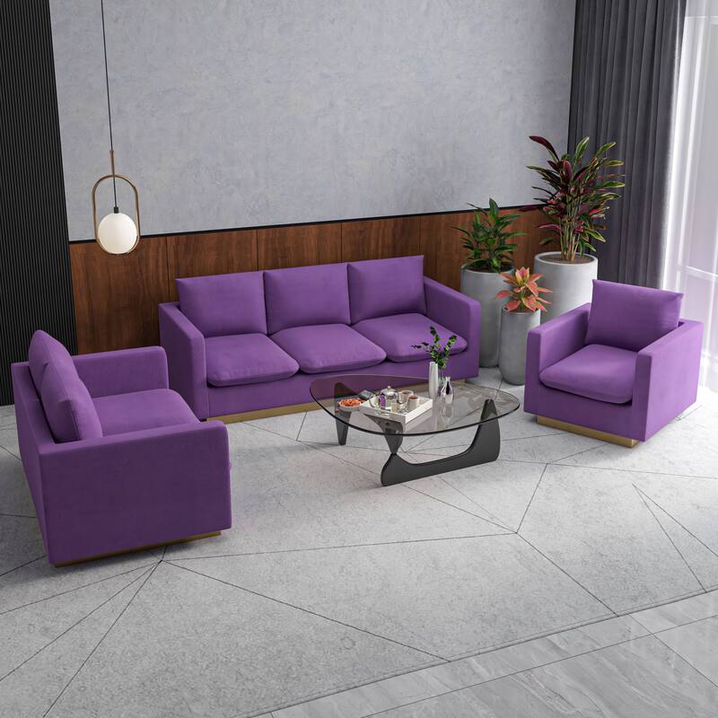 3-Piece Velvet Sofa Set with Brushed Gold Stainless Steel Base Nervo Series