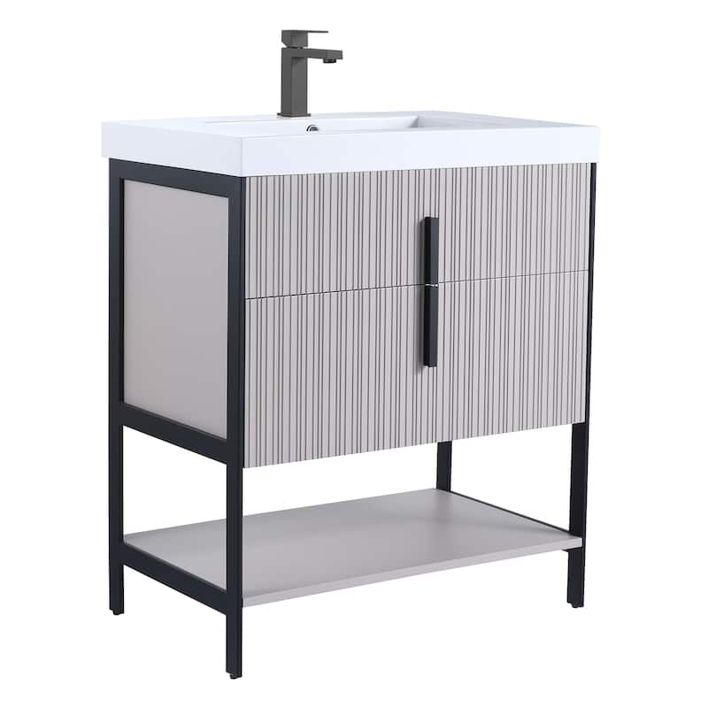Fine Fixtures Serenity Modern Bathroom Vanity with White Gel Acrylic Top - Bright Taupe - Black Hardware - 30 inch
