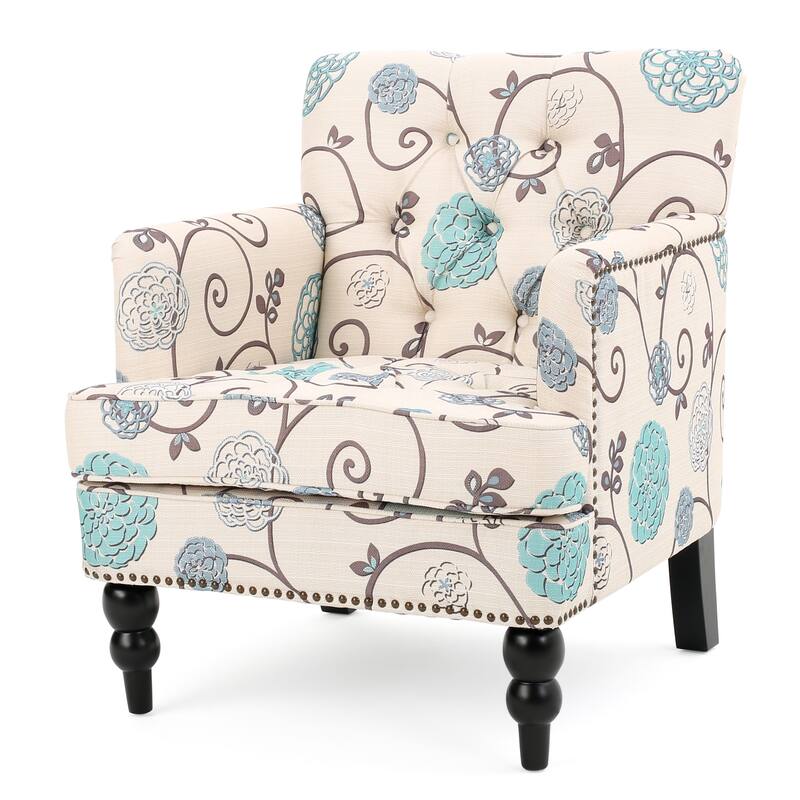 Floral Fabric Club Chair with Tufted Back, Nailhead Trim & Birch Legs