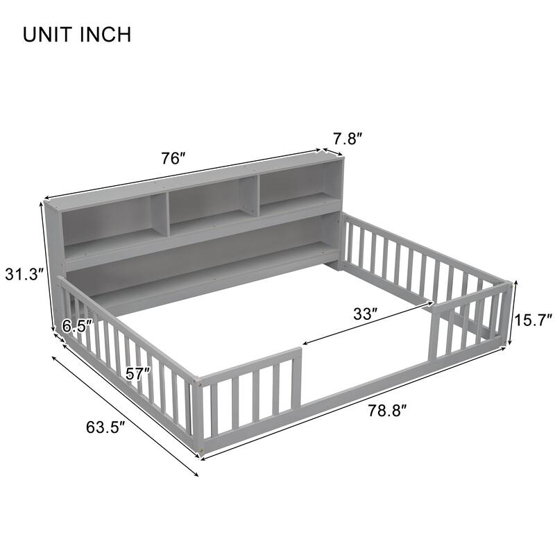 Twin Floor Bed with Bedside Bookcase Shelves