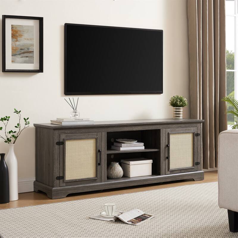 Farmhouse Rattan TV Stand Console Table