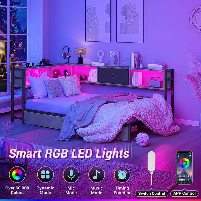 Daybed with 2 Drawers Platform Bed Frame LED Light Charging Station