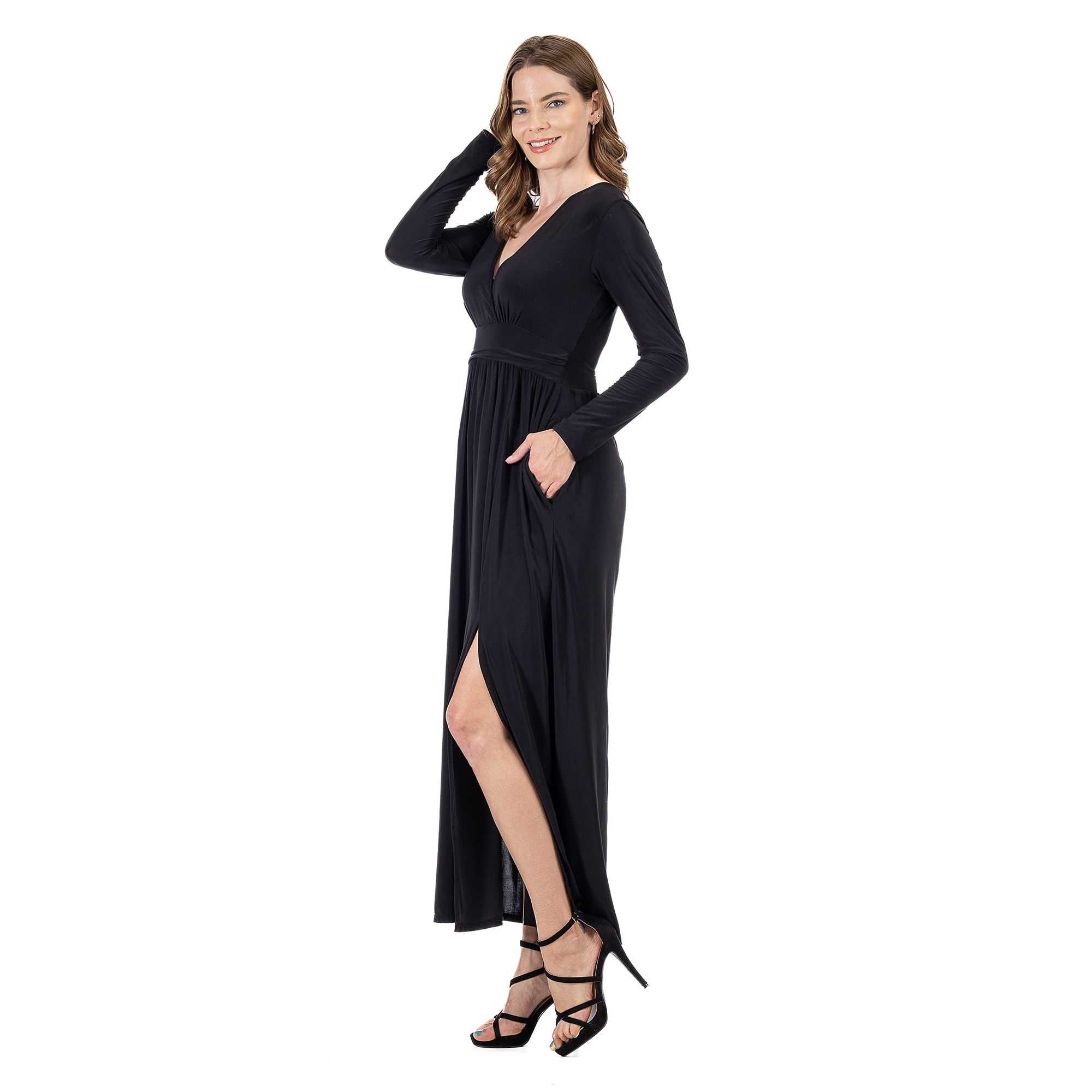 24seven Comfort Apparel Women's Long Sleeve V Neck Side Slit Maxi Dress, 1X
