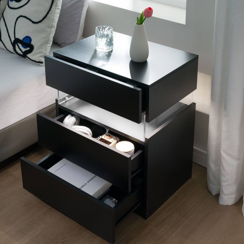 Black LED Nightstands with Acrylic Board and RGB LED Light - Modern End Table for Bedroom