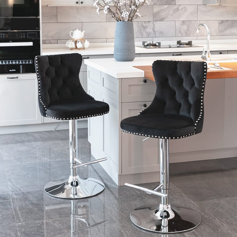 Roomfitters Swivel Velvet Bar Stools Set of 2, Adjustable Height Tufted Counter Chairs with Chrome Base and Nailhead Trim