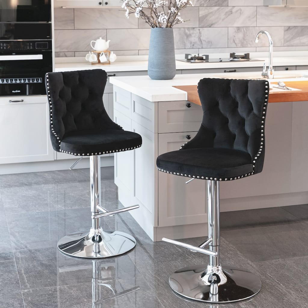 Roomfitters Swivel Velvet Bar Stools Set of 2, Adjustable Height Tufted Counter Chairs with Chrome Base and Nailhead Trim
