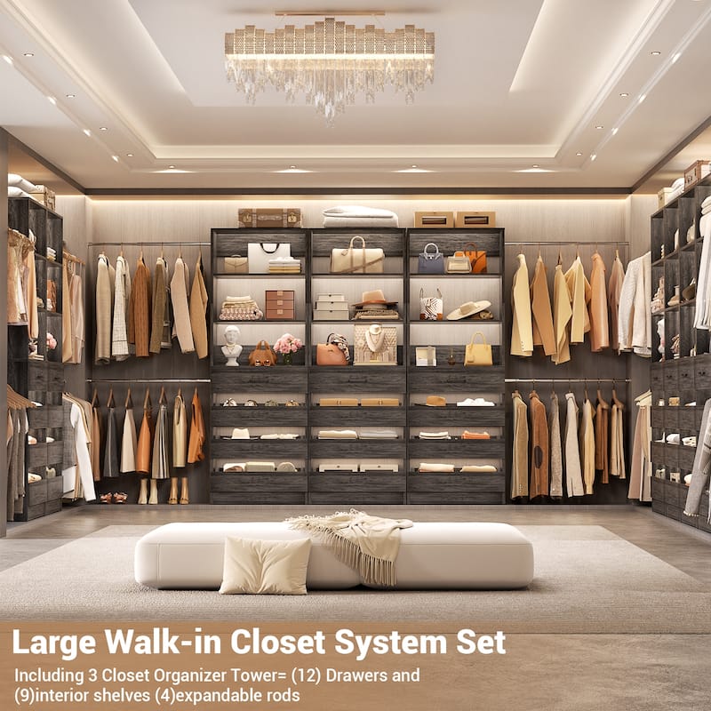 140'' Walk-in Closet Organizer System with 12 Drawers ＆ 4 Hanging Rods, 8.5-11.5FT Wooden Wardrobe Clothes Rack with 3 Towers