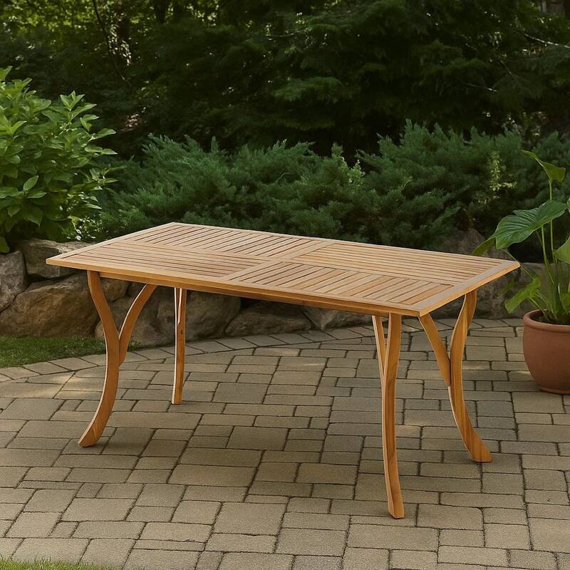 Olen Outdoor Dining Table, Slatted Rectangular 59 Inch, Brown Wood