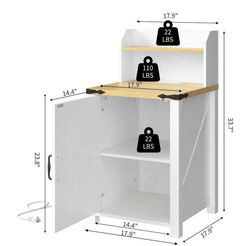 Anmytek Rustic Barn Door Nightstand,End Table with Outlets USB Charging Station LED Lights Storage Cabinet