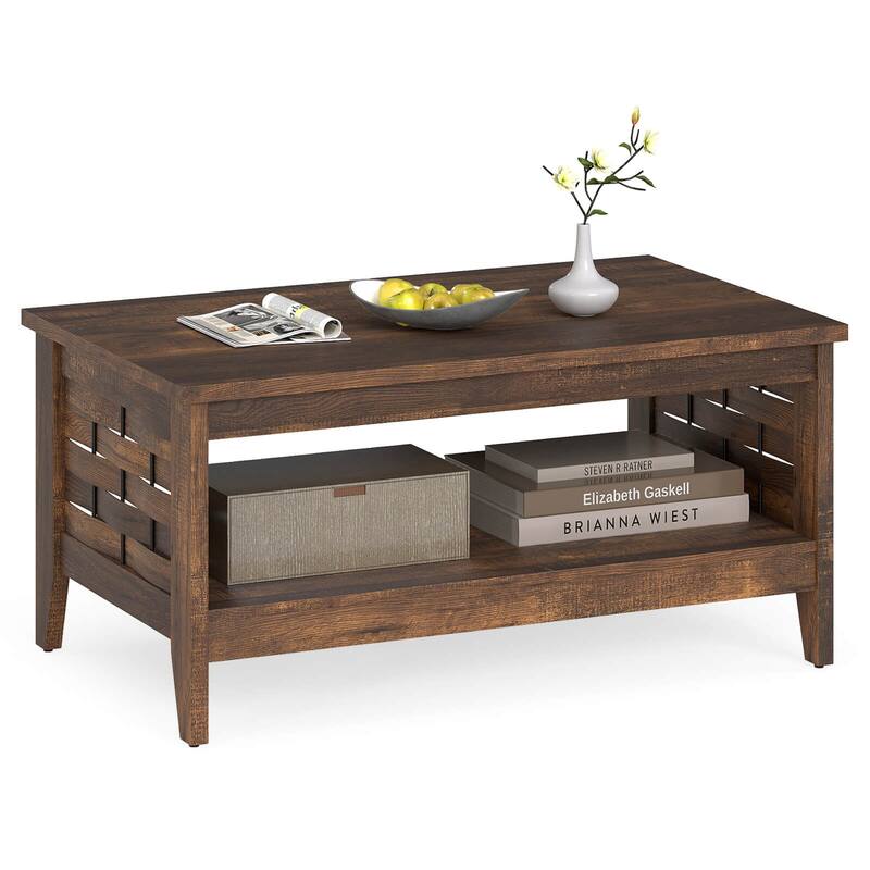 Costway 39.5” 2-Tier Coffee Table with Open Shelf Woven Decorations - See Details - Brown