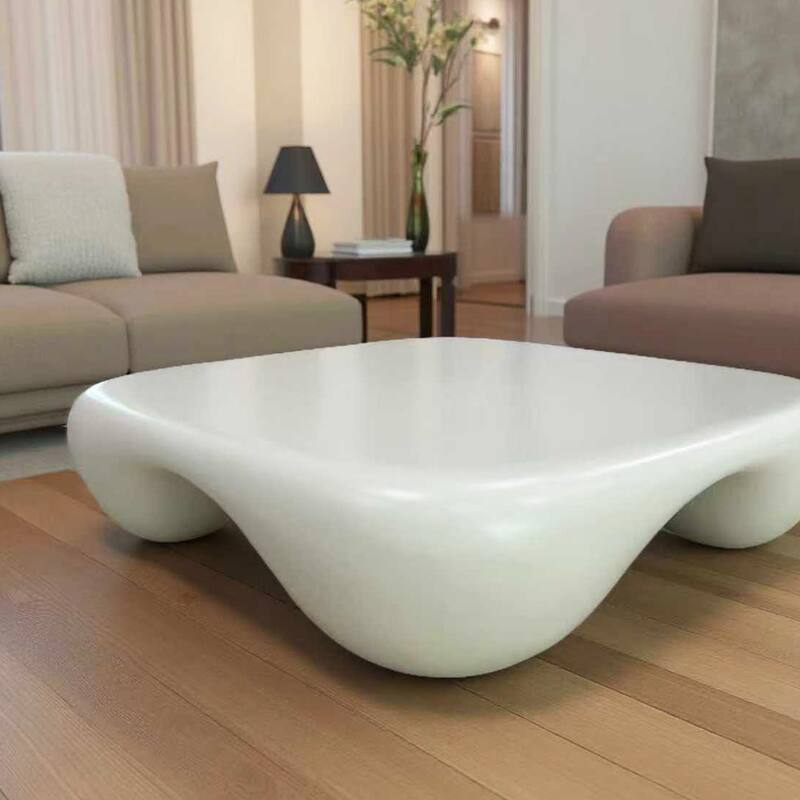 Low Height Profile Rounded Lines Square Shape Coffee Table with Arc-shaped Depression, End Table for Different Scenarios