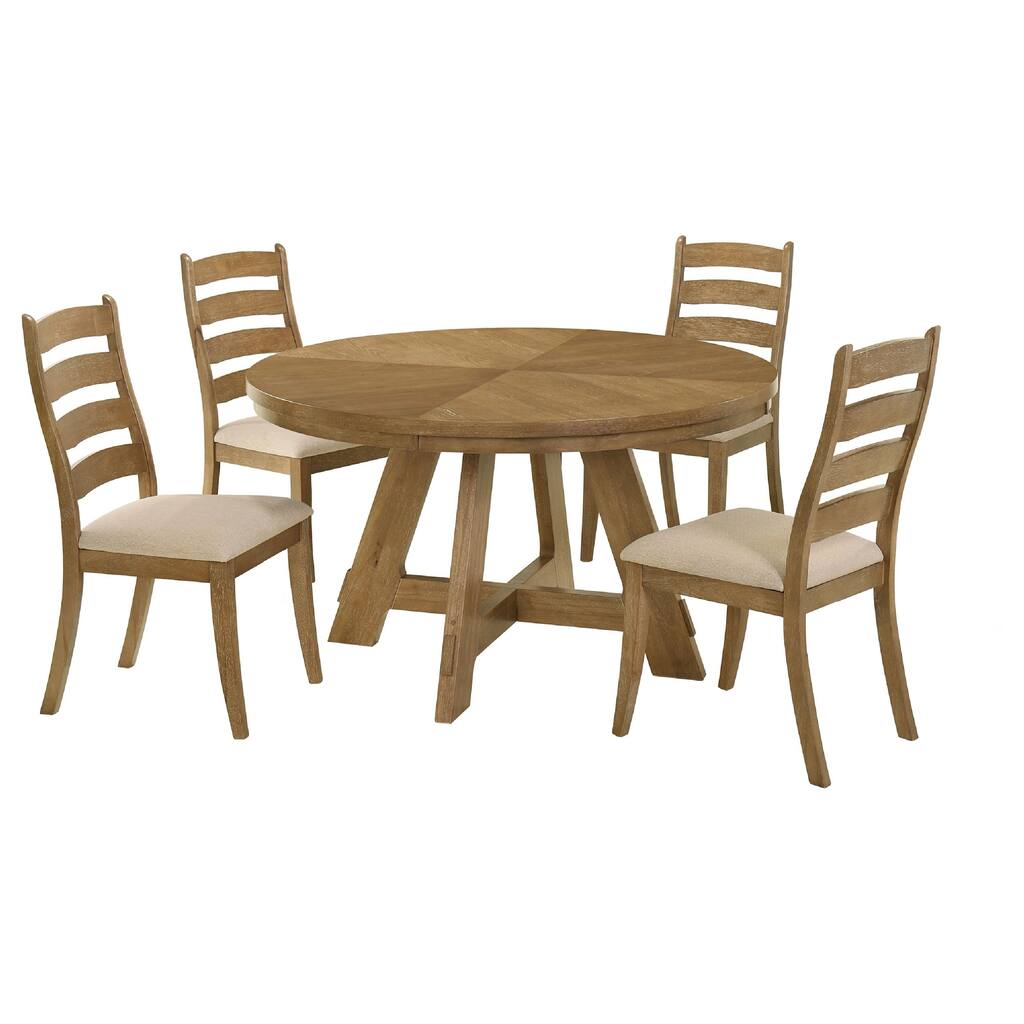 Danie 5pc Round Dining Table Set, Oak Brown Hardwood, 4 Beige Chairs