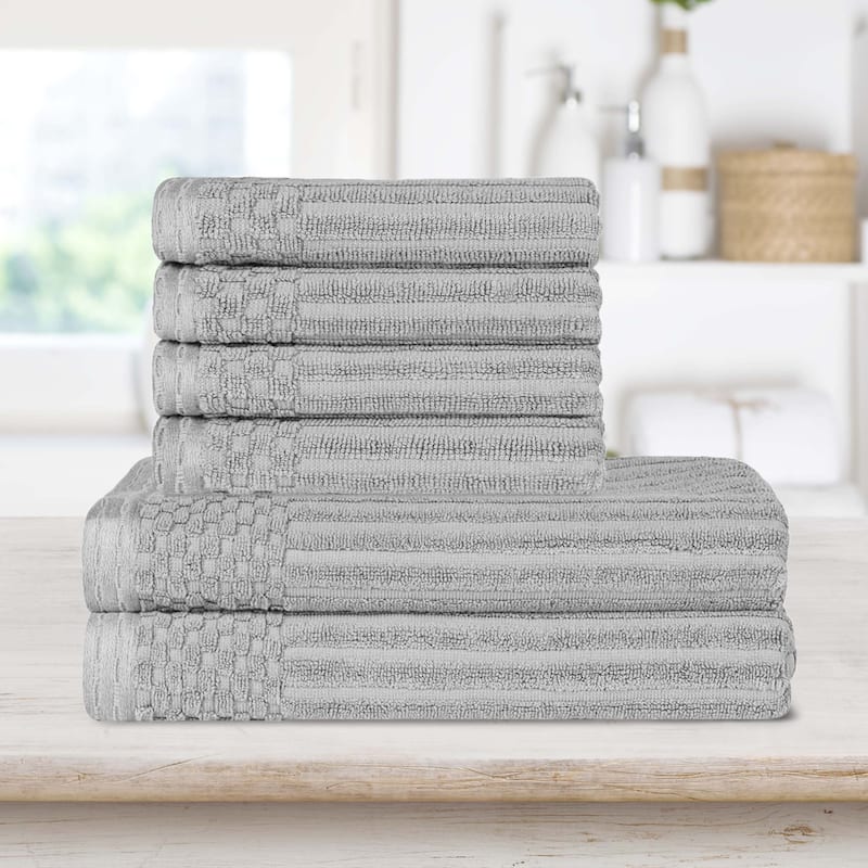 Superior Ribbed Cotton Absorbent Heavyweight Hand Towel and Bath Towel Set - Silver