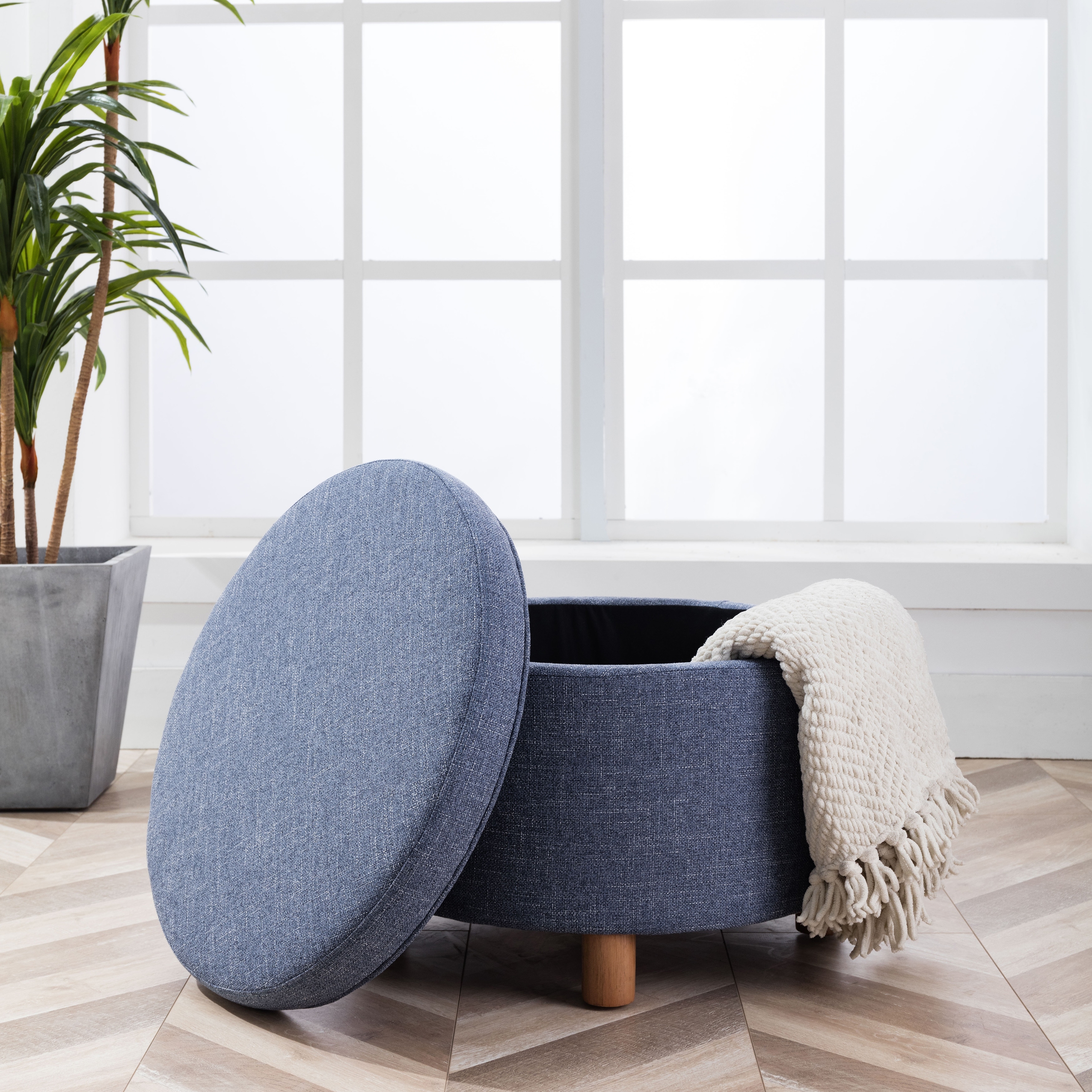 WOVENBYRD Large Round Storage Ottoman, Lift Off Lid