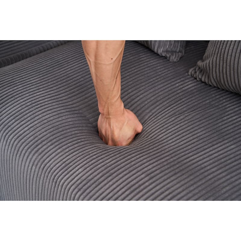 Grey Compression Sofa: Chaise Longue with 3 - Seater, Corduroy Fabric, Full Sponge, 4 Pillows