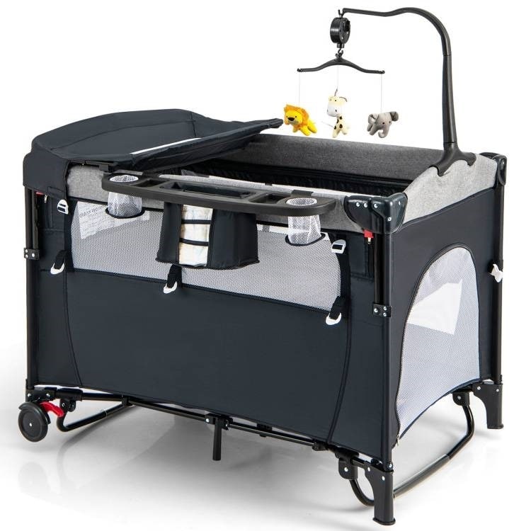 5-in-1 Infant Bed Cradle Changing Table with Side Storage and Music Rack Safety Strap - 43" x 29.5" x 32.5" (L x W x H)