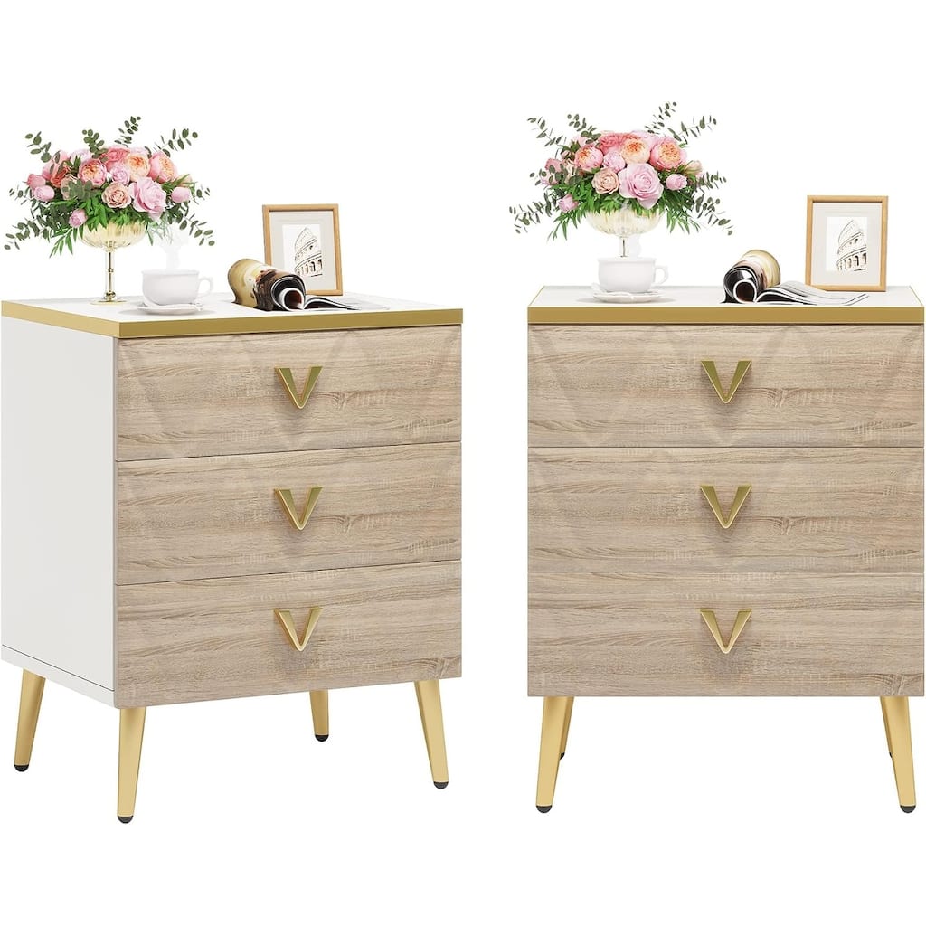 3-Drawer Nightstand, Luxury Bedside Table End Table with Storage Drawers and Golden Legs