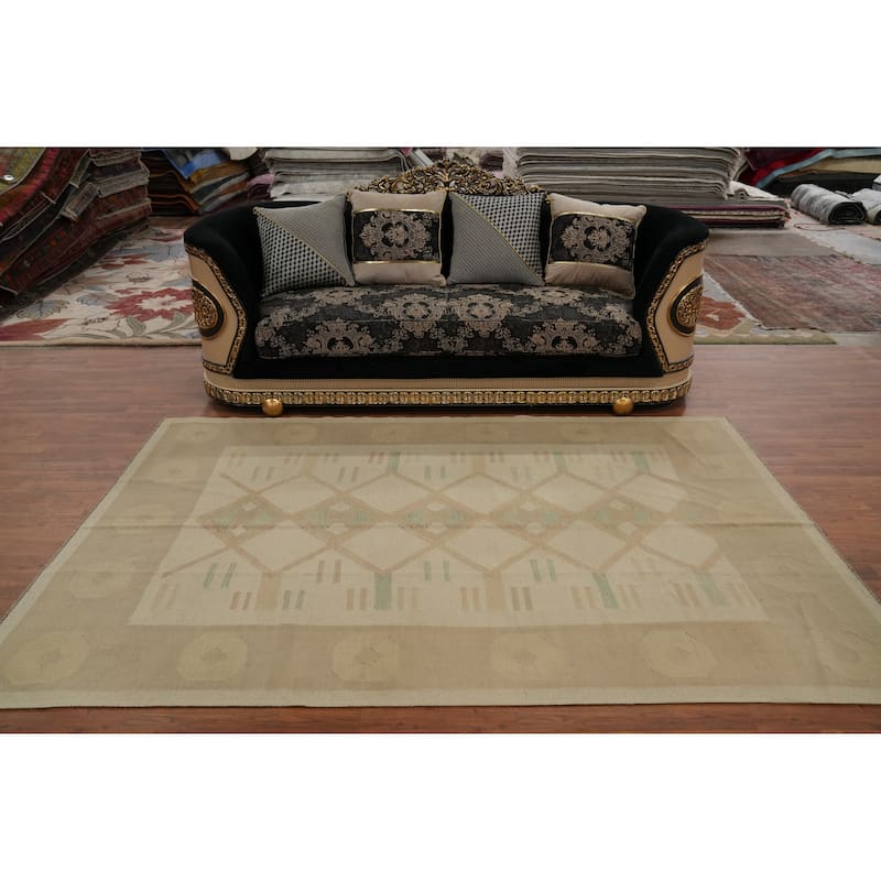 Hand Woven Oriental 100% Wool Carpet Southwestern Tribal Beige & Ivories Kilim Area Rug - 8' 9'' X 5' 8''