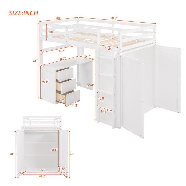 dimension image slide 1 of 6, Solid Wood Loft Bed with Desk, Drawers, Shelves & Wardrobe