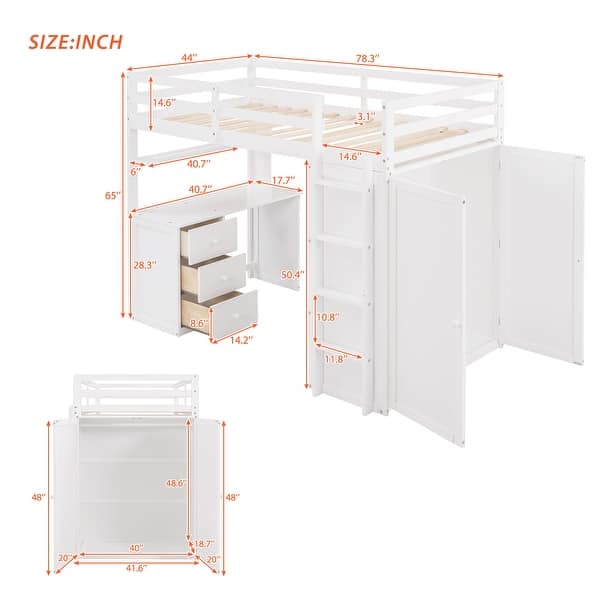 dimension image slide 2 of 3, Twin size Loft Bed with Drawers, Desk and Wardrobe