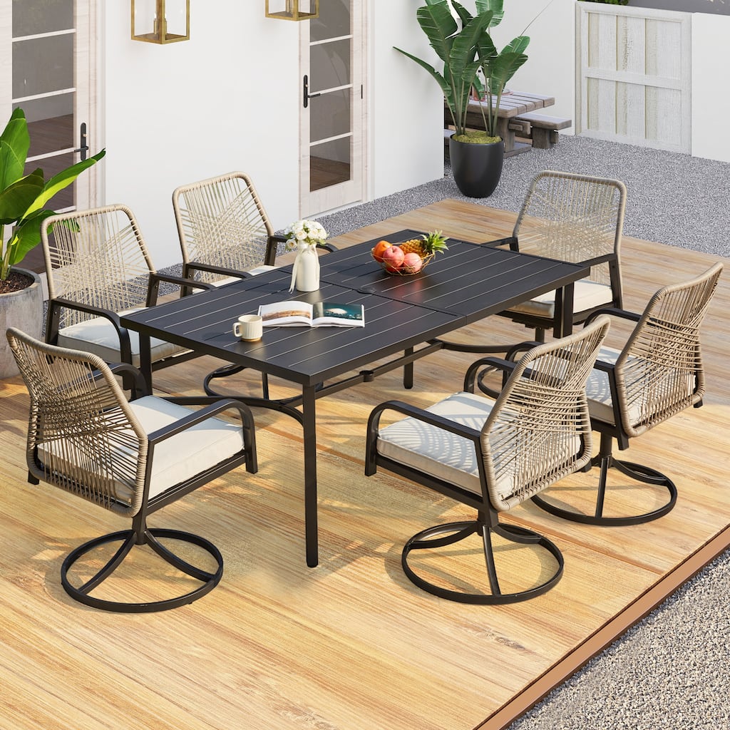 Versatile Outdoor Dining Sets w Swivel/Folding Chairs & Steel Slat Table and HDPE Dining Table Set for Gardens, Patios