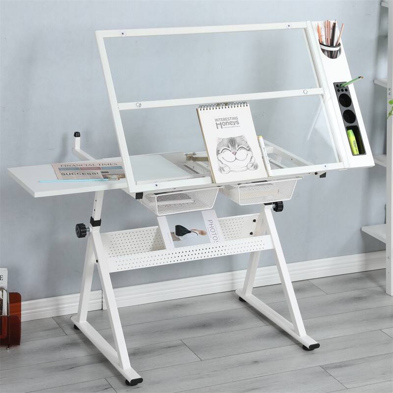 Adjustable Tempered Glass Drafting Table with Stool and Metal Frame