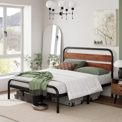Platform Bed Frame with Wood Headboard, Heavy Duty Metal Slat Support, Noise Free Design