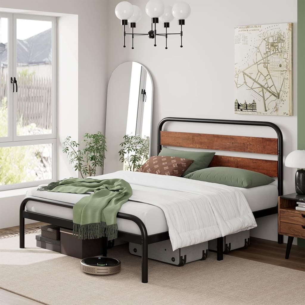 Platform Bed Frame with Wood Headboard, Heavy Duty Metal Slat Support, Noise Free Design