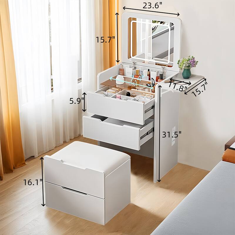 3-in-1 Vanity Table w/ 3-Color LED Mirror,Multi-Functional Makeup Desk