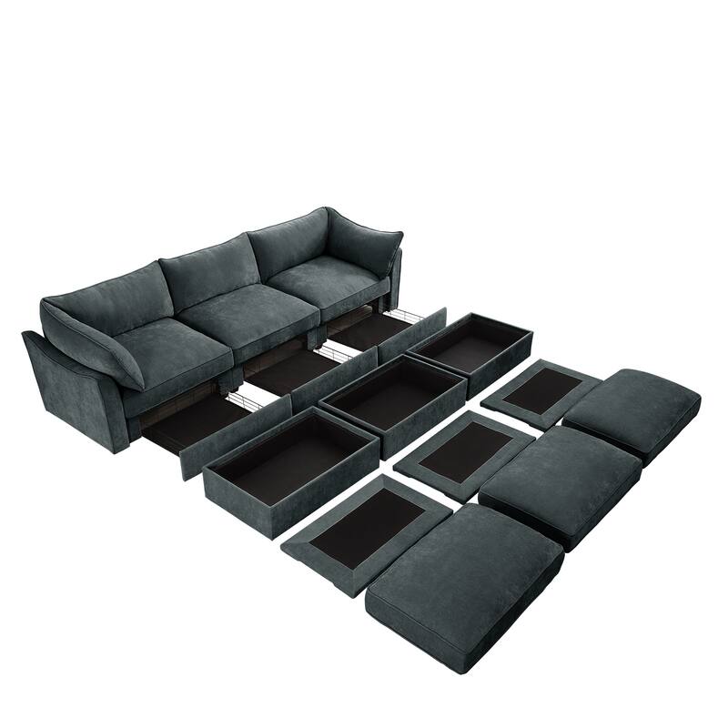Modular Upholstered Sofa with 3 Ottomans and Storage Drawers, Deep Seat Chenille Sleeper Couch for Living Room, Home Theater