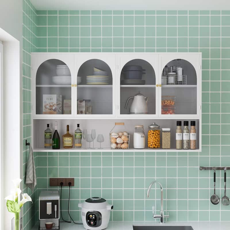 47.25" 4-door Glass Wall-mounted Cabinet Storage, - White