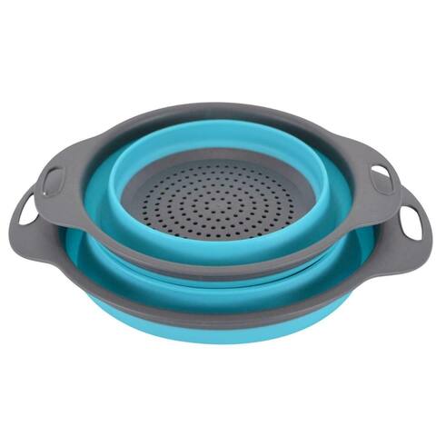 Blue Collapsible Colander Space Saving Silicone Strainer Bowl (2 Piece Set)