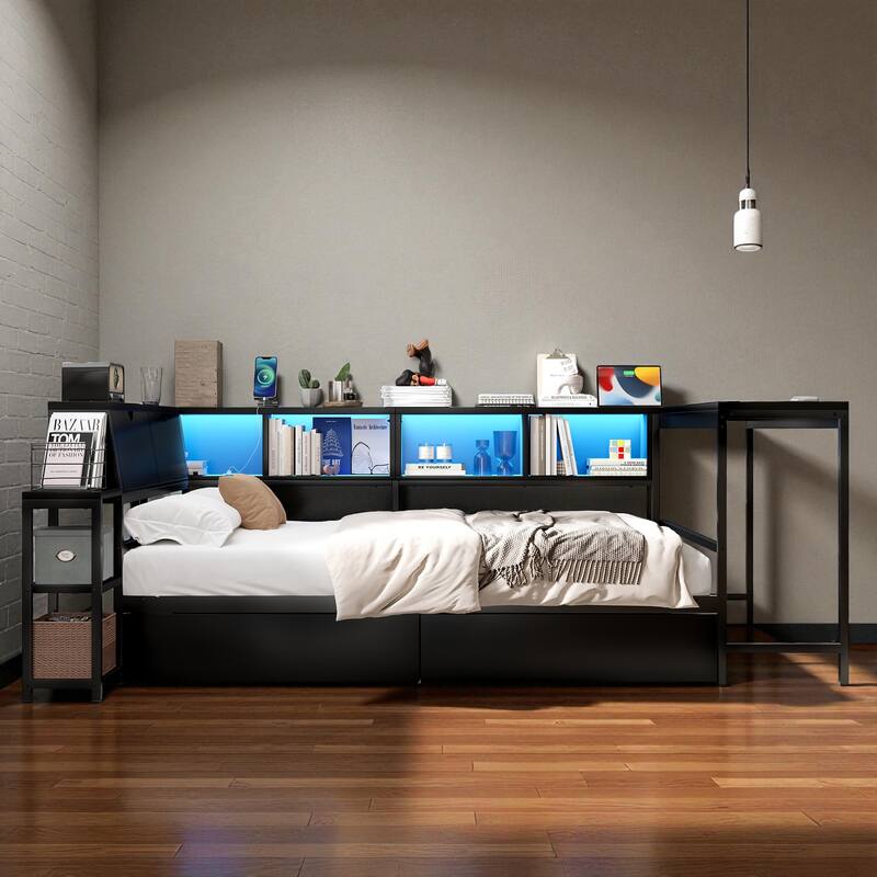 Twin/Full Size Corner Bed Frame with Bookcase, LED Lights, Charging Station and 2 Storage Drawers, Modern Platform Bed