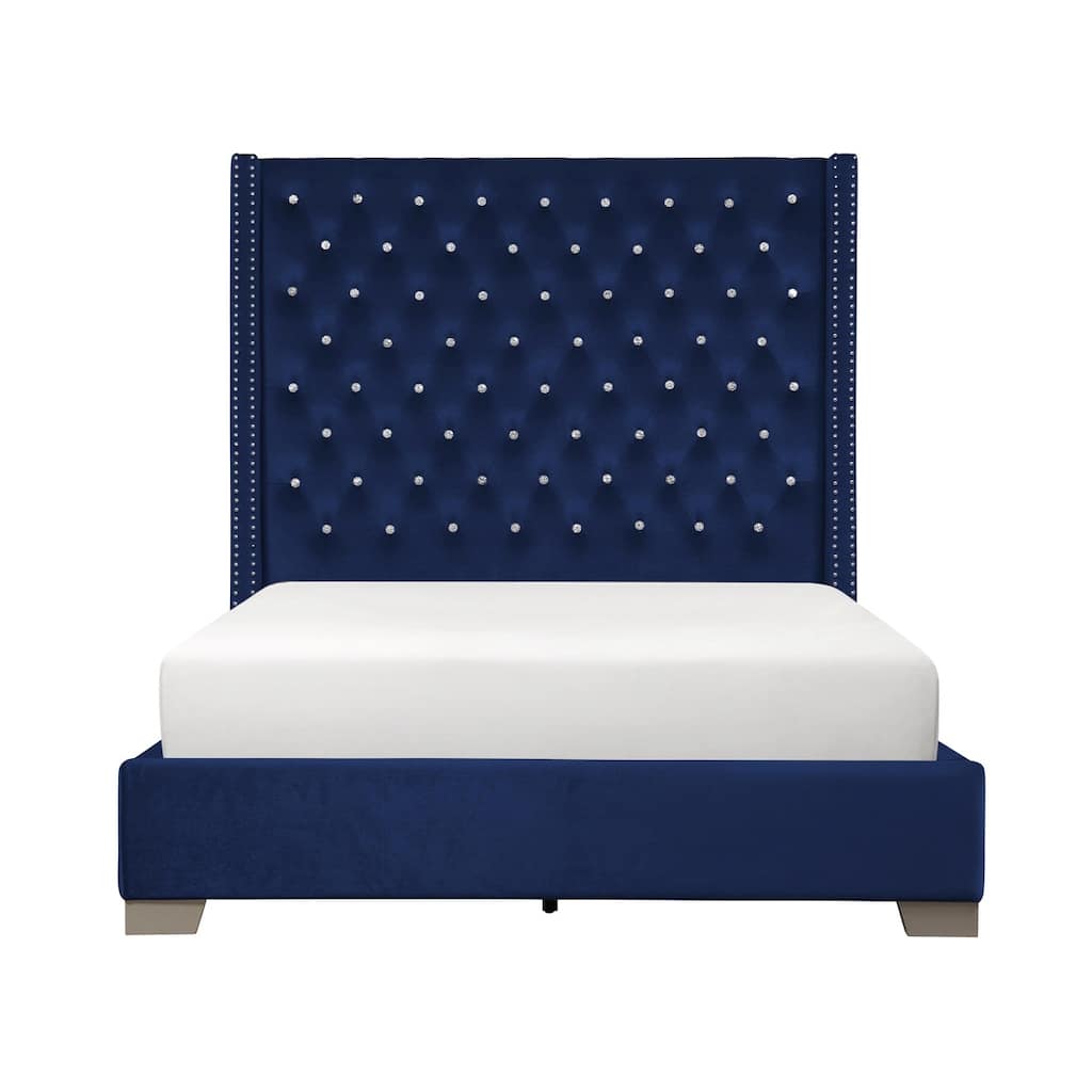 Newell Blue Velvet Upholstered Tufted Panel Bed