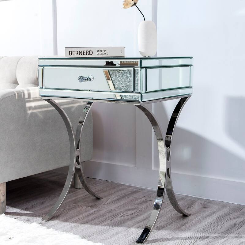 Mirrored Nightstand with Drawer, Mirror End Table Silver Bedside Table