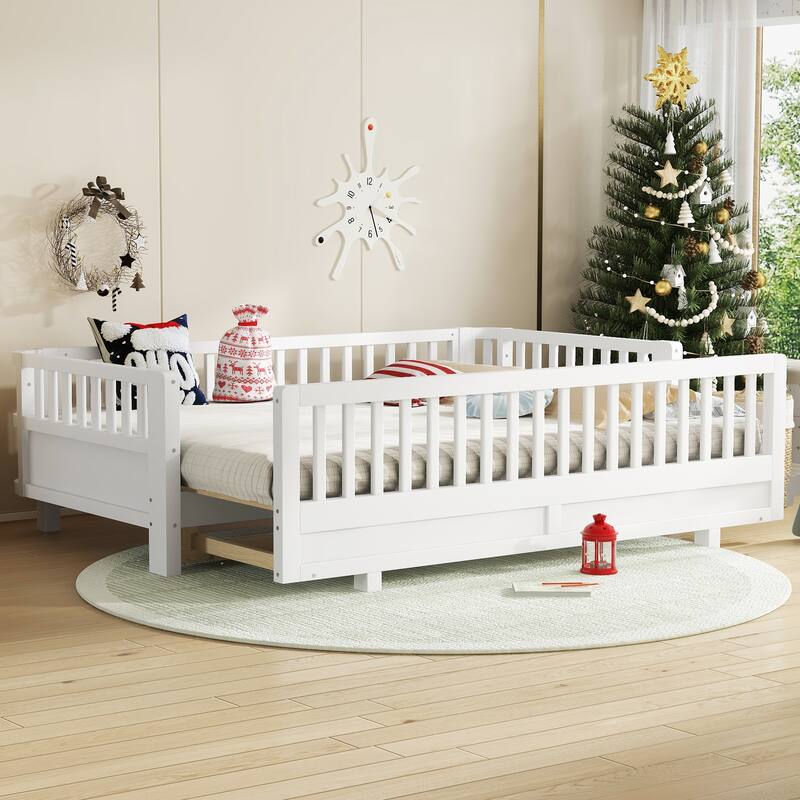 Wooden Platform Sofa Bed Frame with Guardrails, Solid Wood Pull Out Daybed, Can Be Converted into a Double Platform Bed