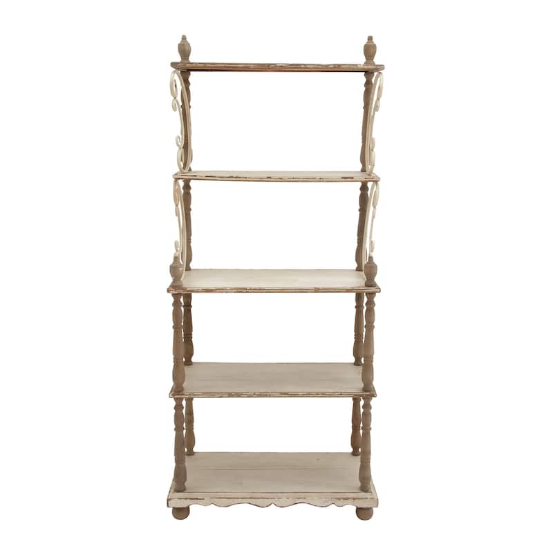 Wood Distressed Turned 5 Shelf Shelving Unit with Brown Spindle Sides and Ball Feet - White - Roche River Decor