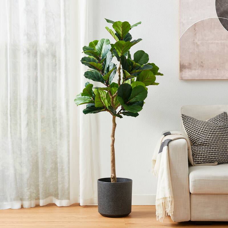 Glitzhome 5FT Tall Fake Fiddle Leaf Fig Tree Artificial Greenery Plants in Pots Indoor Home Office Decoration - 5ft