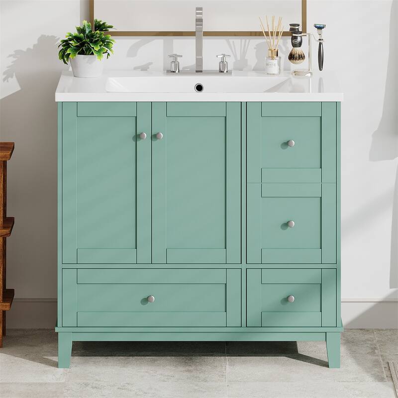36" Bathroom Vanity with USB Charging, 3 Drawers(Faucets Not Included)