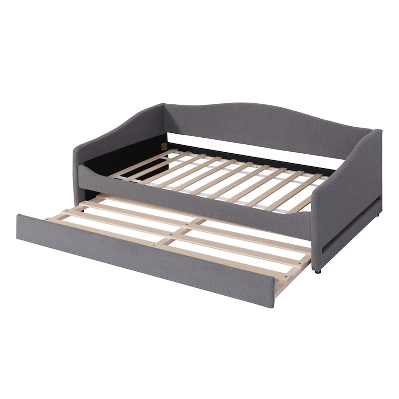 LED Daybed Frame Teddy Fleece Upholstered Sofabed, Wood Panel Bed with Pull-out Trundle Bed, Platform Bed Furniture