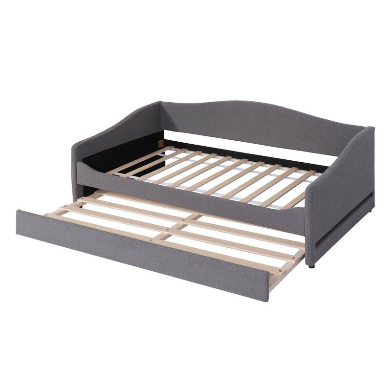 Twin Size Upholstered Daybed with LED Lights, Teddy Fleece Fabric, and Trundle, Perfect for Sleepovers