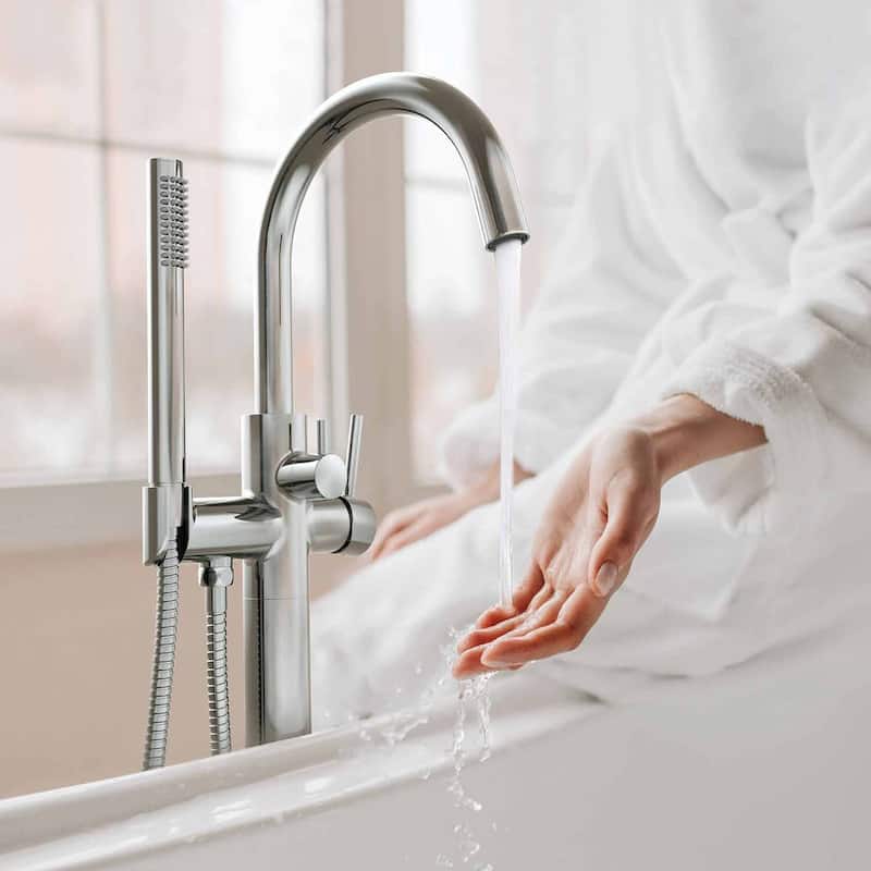 Circular Single Handle Floor Mounted Freestanding Tub Filler With Hand Shower