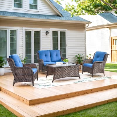 Patio Loveseat Glider Sofa with 2 Club Chair and Coffee Table - Blue cushion - Brown